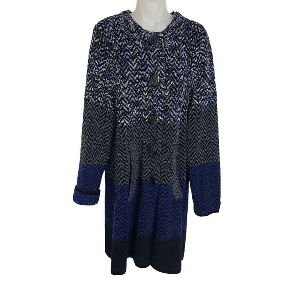 Laura Ashley Womens Cardigan Sweater Large Color Block Blue Black Chevron Pocket - Picture 1 of 11